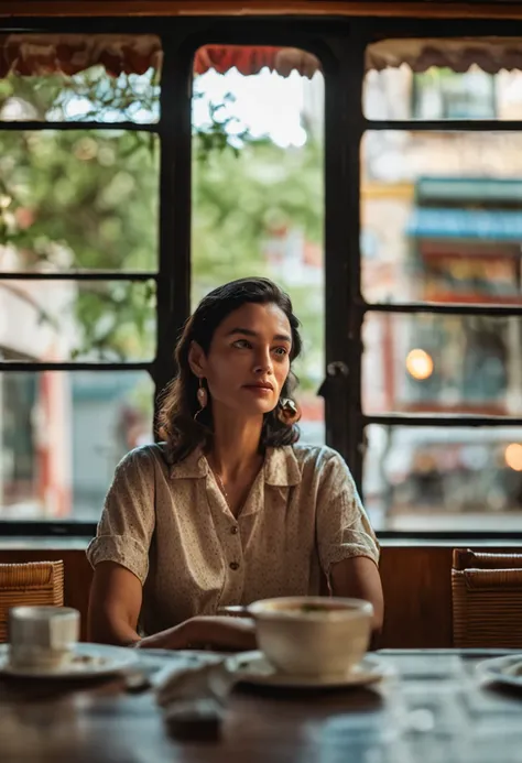 there is a woman sitting at a table with a plate of food, lofi portrait at a window, shot on leica sl2, with backdrop of natural light, summer afternoon, next to a plant, next to a window, sitting in a cafe alone, leaning against the window, near the windo...