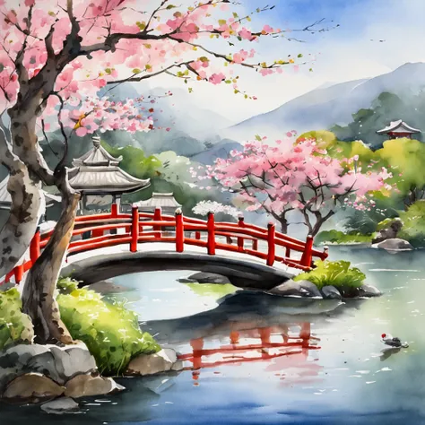 Describe a quiet scene in a traditional Japanese garden during the spring season. Explore os elementos visuais da cena, like cherry blossoms in full bloom, um lago sereno com carpas coloridas nadando, uma ponte de arco delicado, stone lanterns illuminated ...