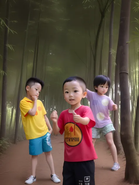 there are three children standing in the woods playing with a frisbee, kid, kids playing, children, in jungle forest !!!, in forest, fun pose, kids, photo taken with canon 5d, casual photography, child, trees!!, in a bamboo forest, pine trees in the backgr...