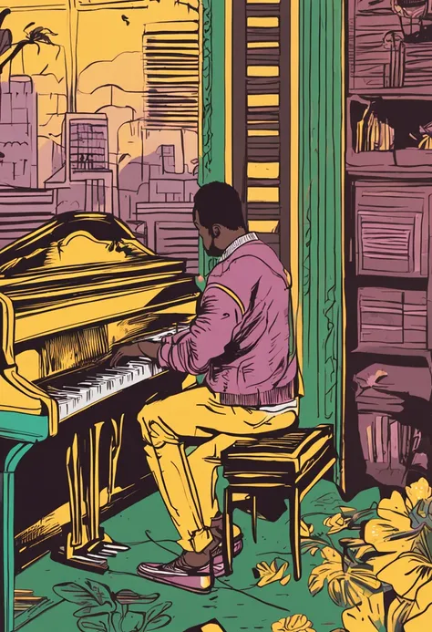 um desenho, estilo anime, com cores verde e amarelo, with a musician playing the piano