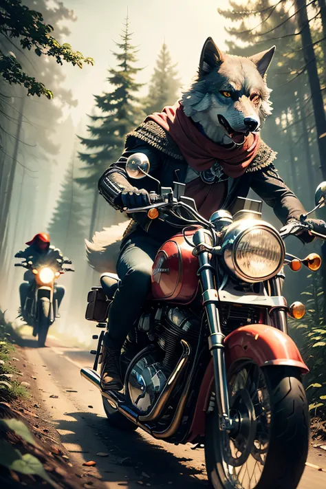 Riding a vintage motorcycle through the wilderness, lightsaber in hand, stares in the eyes, a group of armored mechanical wolves chasing Little Red Riding Hood, intricate detail, 32k, movie grout, vintage illustration style, 2d