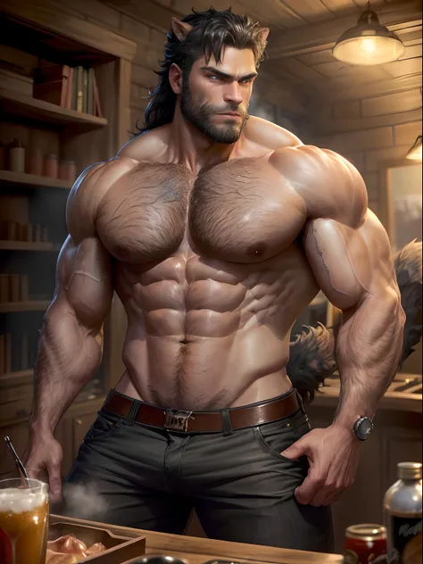 ((masterpiece, best quality, high resolution)) + A handsome man with a rugged charm, transformed into a werewolf. He possesses a muscular physique, with prominent body hair and a well-groomed beard.