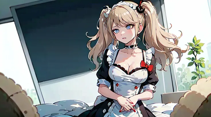 a woman is cleaning her house, wearing sexy maid dress, good hand, high-res, masterpiece, best quality, head, finely detailed skin, sharp focus, (cinematic lighting), soft lighting, dynamic angle, medium breasts, (((inside mansion))), junko enoshima, blond...