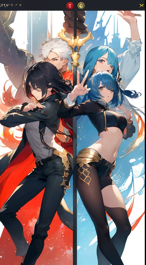 (​masterpiece、top-quality、hightquality)、Male and female pairs、Paired characters、Two side by side、Game Character Pose、Whole body、Special Move、a cool、Dynamic