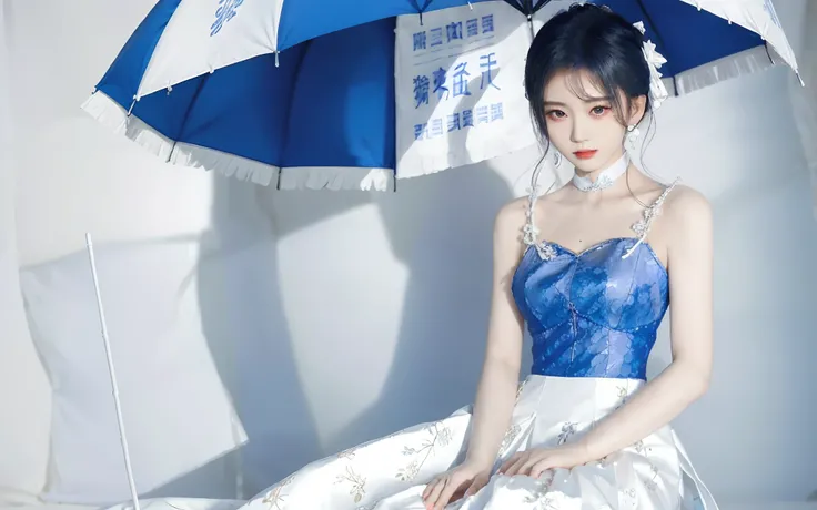 Woman in blue dress holding umbrella, Cheongsam, Anime girl cosplay, White Hanfu, wearing a blue qipao dress, inspired by Leng Mei, elegant glamourous cosplay, full-body xianxia, Chinese costume, Anime cosplay, in a blue qipao, inspired by Li Mei-shu, publ...