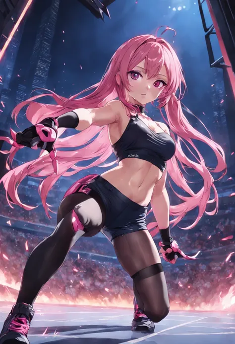 Beautiful woman, 1 girl, pink hair woman, fighting stance, black pantyhose, black gloves, sports bra, jewelry, shorts, J thighs. pink hair, drills, asymmetrical hair,