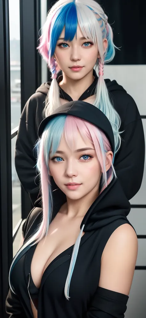 Realistic photos、Soft natural light、1 cute model、smooth soft skin、(Light blue eyes),   (bangs, ponytails, multicolored hair, gradient hair, two-tone hair, silver hair, pink hair, blue hair:1.2)  、Natural skin texture、hair long、Soft lighting、Detailed face、P...