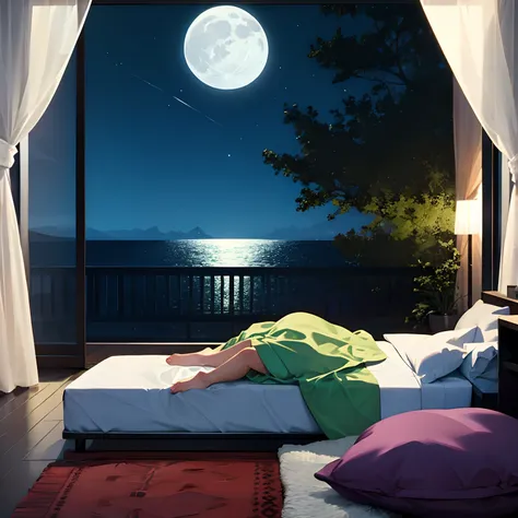 Beds,husband and wife,night sea,a moon