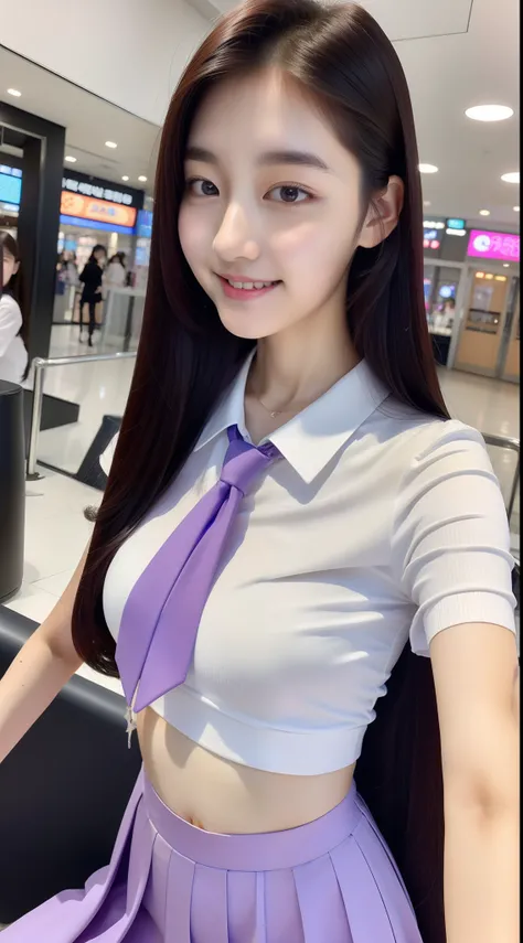 realistic photos of (1 cute Korean star) curtained hair, white skin, thin makeup, 32 inch breasts size, slightly smile, wearing purple waist tie shirt, skirt, close-up, selfie, at shopping mall, 16k