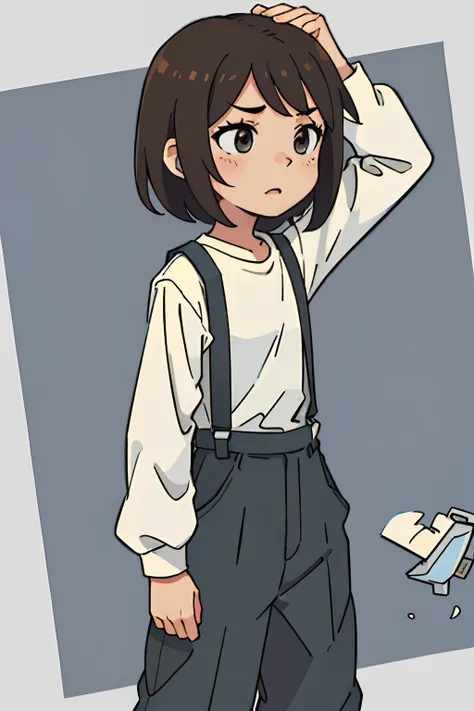 （best qualtiy：0.8），（best qualtiy：0.8），Perfect anime illustration，A girl frontal,((Three-quarters),(with short brown hair),(Suspenders)),Young, simplebackground，（long sideburn），Poor milk，laughingly，long trousers，long sleeve t-shirt，modern day，（Sling with cl...