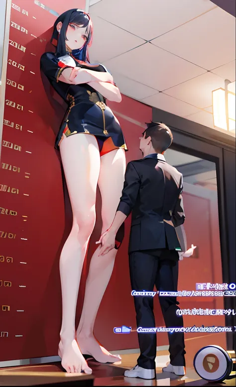 Masterpiece, Top quality, Best quality,, Beautiful and aesthetic:1.2), Beautiful Chinese woman Bailu(1girll:1.3), Extremely detailed，The giantess stood next to a man，There is a height meter in the room, highly detailed giantess shot, extremely detailed gia...