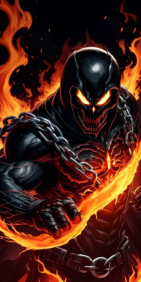 Ultra resolution 8K, frightening illustration, Powerful fusion of Venom and Ghost Rider is a dark being with skin blackened by the symbiote, with a flaming skull crowned by the symbiote instead of a head, (chain of fire in its hands: 1.7).  Fiery chains sn...