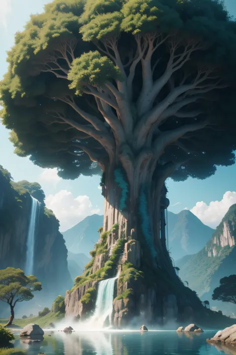 obra-prima, melhor qualidade, alta qualidade, papel de parede 8k extremamente detalhado da unidade CG, a hyper-realistic colossal cyan rain tree, in a futuristic prehistoric village, splashed water, detritos arenosos, reflexos de lente, eixo solar, nuvens ...