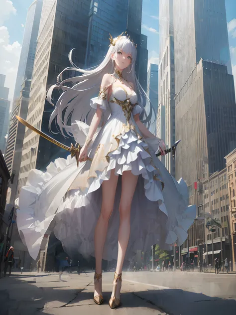 anime - style woman in a white dress with a sword in a city, 2. 5 d cgi anime fantasy artwork, cushart krenz key art feminine, advanced digital anime art, anime goddess, digital advanced anime art, high detailed official artwork, guweiz on artstation pixiv...