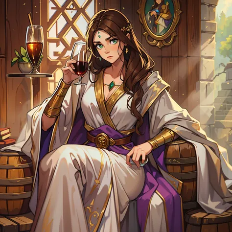 A beautiful woman with green eyes and brown hair, she is a witch sorceress, wearing white and gold robes, noble robes, A princess of magic and a tired look;, Shes drinking a glass of wine. ((corada)) Dramatic wooden wall background An art for an RPG A medi...