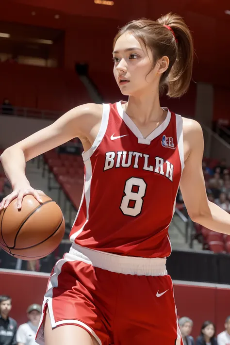 ((​masterpiece、top-quality、in 8K))Basketball player、Beautuful Women、Brown-haired ponytail、Red Basketball Uniform、Luxurious indoor sports stadium、basketball court