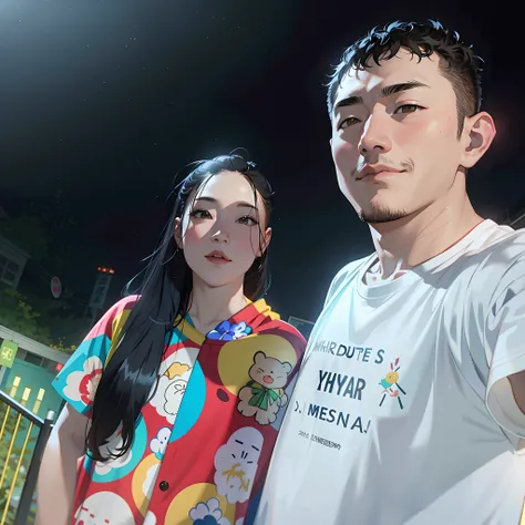 there is a man and woman standing next to each other, couple, 8k selfie photograph, ruan jia and fenghua zhong, dang my linh, lovely couple, photo taken in 2 0 2 0, night time, zmonzheng, happy couple, zeng fanzh, facebook post, night photo, ruan jia and b...