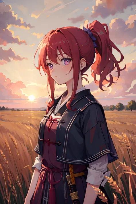 masterpiece, best quality, 1girl, portrait, red hair, ponytail, purple eyes, samurai, wheat landscape, sun, clouds, (neutral colors), (hdr:1.4)