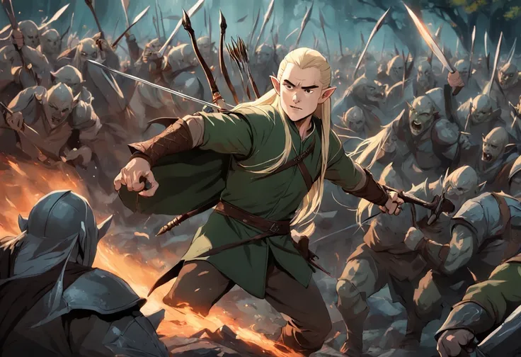 Legolas fighting orcs in the movie The Hobbit of the Lord of the Rings