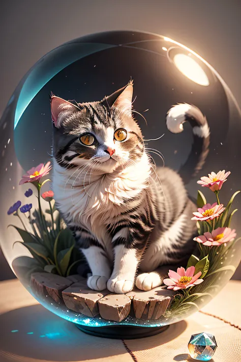 4k, very detailed, adorable chubby fluffy cat sitting in a crystal sphere, cat placed inside a sphere, beautiful flowers, magic