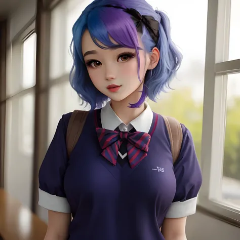 Beautiful sexy girl with purplish blue hair wearing tight school uniform