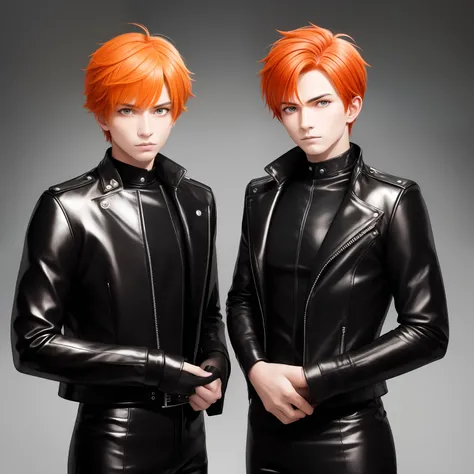 papa, Mom 14-year-old brothers pose serious for photo orange hair stylish black clothes black leather black