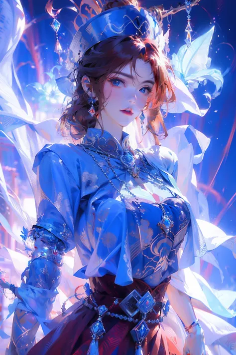 Bust of a beautiful noble maiden，Red chestnut hair elegantly coiled，A huge one on the chest(Magic crystal ball)，（(Wear a big skirt(blue colors)bucket-hat))，Purple clear eyes，The hair is covered with beautiful and delicate floral craftsmanship, Crystal jewe...