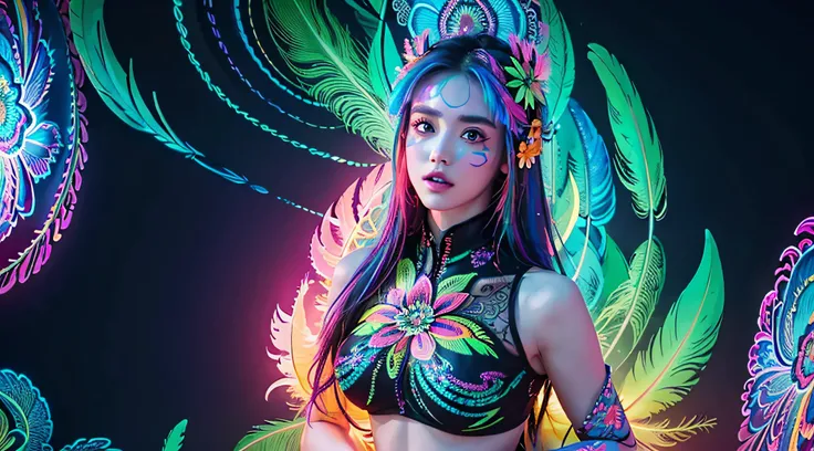 masterpiece, top quality, best quality, official art, beautiful and aesthetic:1.2), (1girl:1.3), extremely detailed,(fractal art:1.1)neon,(colorful:1.1)neon(flowers:1.3)neon,highest detailed,(zentangle:1.2)neon, (dynamic pose), (abstract background:1.3) ne...