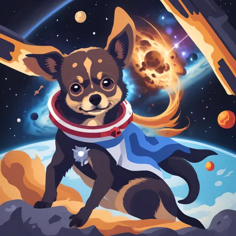 surrealist black chihuahua astronaut, outer space in the background