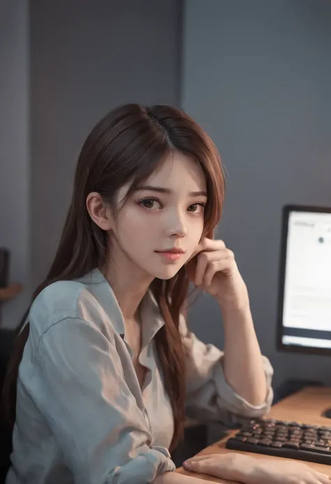 There was a woman sitting at a computer desk，Looking at the computer，down view，down view，Hold the keyboard, Realistic art style, Digital anime illustration, realistic anime artstyle, Photorealistic art style, Digital anime art, Realistic anime 3 D style, r...