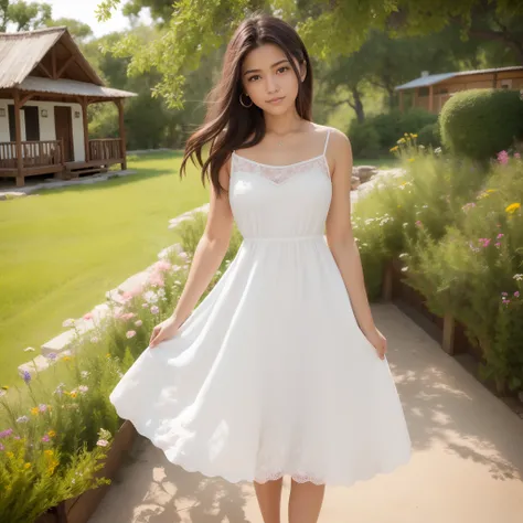 (obra maestra) (La mejor calidad) A beautiful young woman in a light-colored summer dress with small embroidered details holds a bouquet of wildflowers. She is smiling very sweetly, tiene hermosos ojos verdes, tiene su cabello rubio tirado hacia un lado. S...