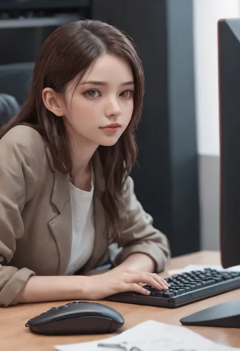 There was a woman sitting at a computer desk，Looking at the computer，down view，down view，4/3 side faces，Side face holding the keyboard, Realistic art style, Digital anime illustration, realistic anime artstyle, Photorealistic art style, Digital anime art, ...