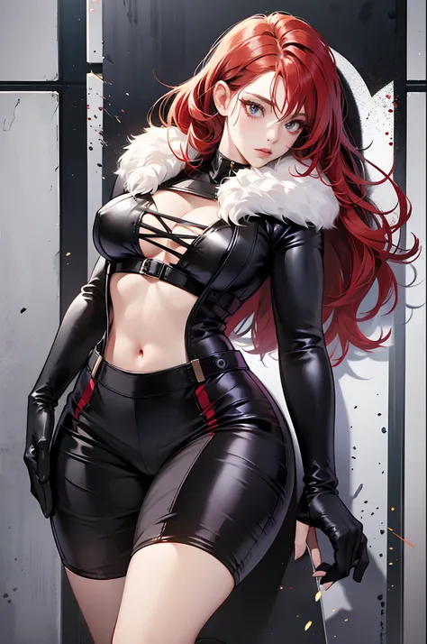 red haired Black Widow spy woman, black leather outfit, cleavage, big boobs, sultry, sexy, full body, --auto --s2