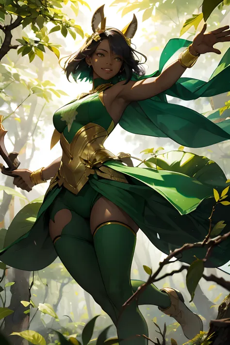 fanciful, 1forest_element in_Girl, Dynamic_Pose_Fighting, (using_Leaves_clothes, Green_Leaves_Covered_Breasts, Leaves_Covered_)+++,_titmouse,Dynamic_Pose_standing, Light_Smile, drowsy, mediating_Hair, nabel,(Dark_skin)+, oiled, (Winding_grape trees_Around_...