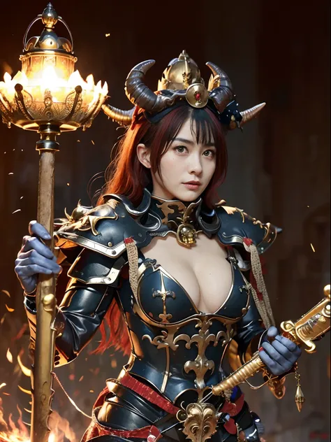 (masutepiece), Professional , ​masterpiece、top-quality、photos realistic , depth of fields 、（Dragon Black Metal Body:1.９),(Enamel blue-black、（cleavage of the breast）、Dragon Gold Weapon（Dragon Metal Body:1.４),Gorgeous gold weapons ,（（ Dragons dense and gorge...