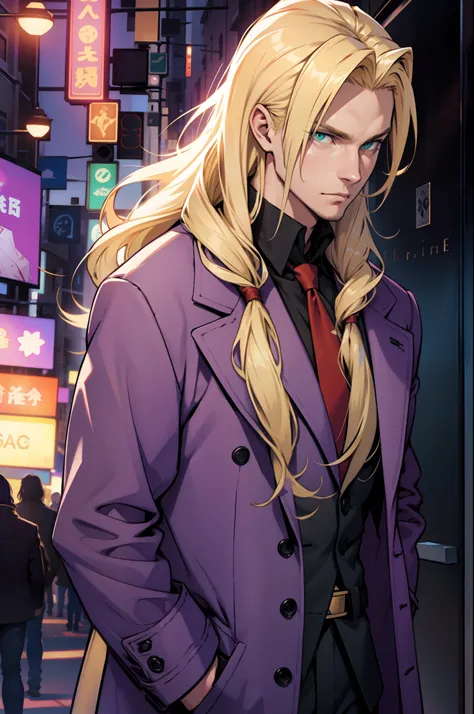 a blond guy with long hairs, green eyes, wearing a purple overcoat