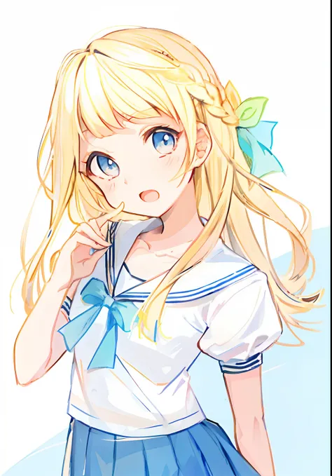 A cute girl，Blonde hair，The mouth opened slightly，pupils，white short sleeve，Pleated skirt in blue color