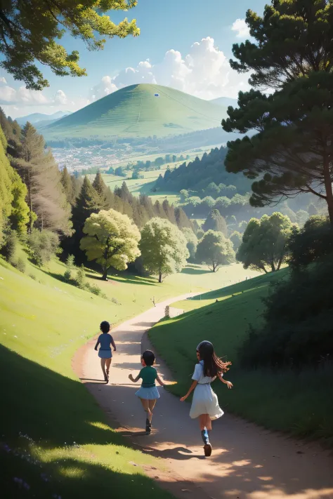 the children João, Sofia and Luna ran through the green hills that surrounded the village. They laughed and played, watching colorful butterflies dance in the air. As they approached the edge of the forest, something shiny on the ground caught their attent...