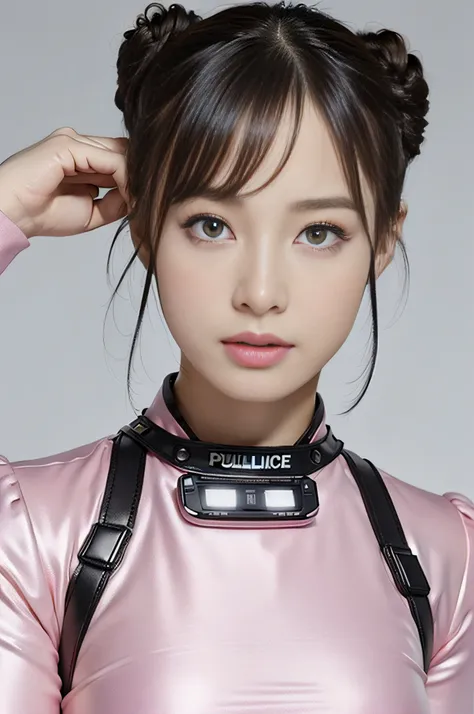 (Top Quality, Ultra High Definition, Photorealistic: 1.4), (close up:1.6, focus on face), 1 Beautiful Girl, (Kpop Idol), Detailed Face, (Pink updo-style:1.3), Contrapposto, Smooth Skin, Perfect Anatomy, Professional Lighting, ((wearing Futuristic Police Ra...