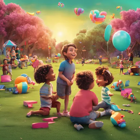 A group of friends 3 people playing outside on the lawn, children’s animation, vivid, 4k, harmony light creates a bright sky