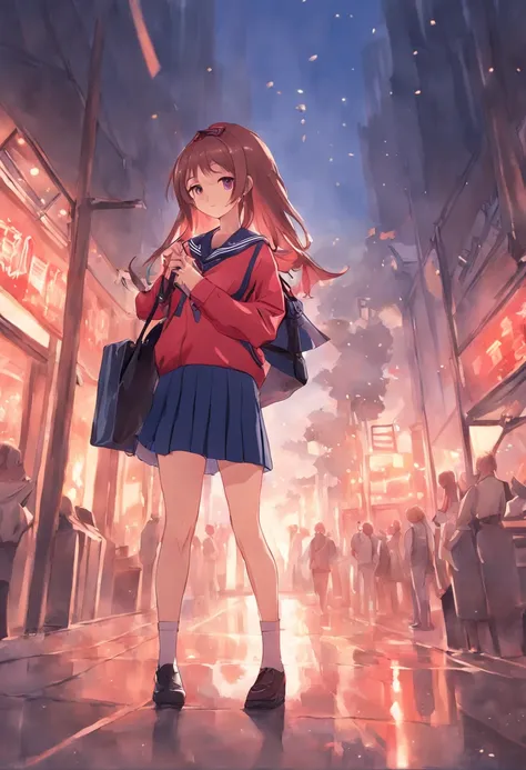 prety woman、Sareme、Chestnut hair、length hair、Smooth skin、vivd colour、Embarrassing、red blush、Navy blue sailor suit、hi-school girl、Shy laughter、Colossal tits、Eloy、Holding a black leather bag in his left hand、、big breasts thin waist、a miniskirt、Bundled hair、S...