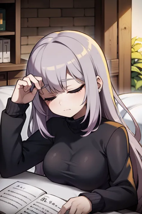 light purple hair, black sweater, sleeping