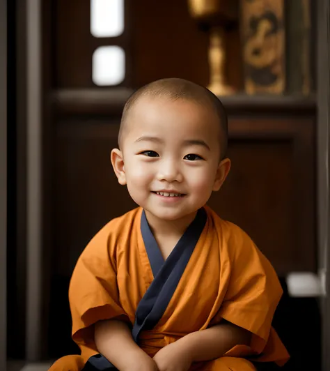 arafed baby sitting on the floor in a robe smiling, Cute digital painting, Portrait shooting, cute portrait, portrait of monk, Inspired by Hu Zaobin, color portrait, close up portrait shot, digital painted, Cute boy, monk, monk clothes, high quality portra...