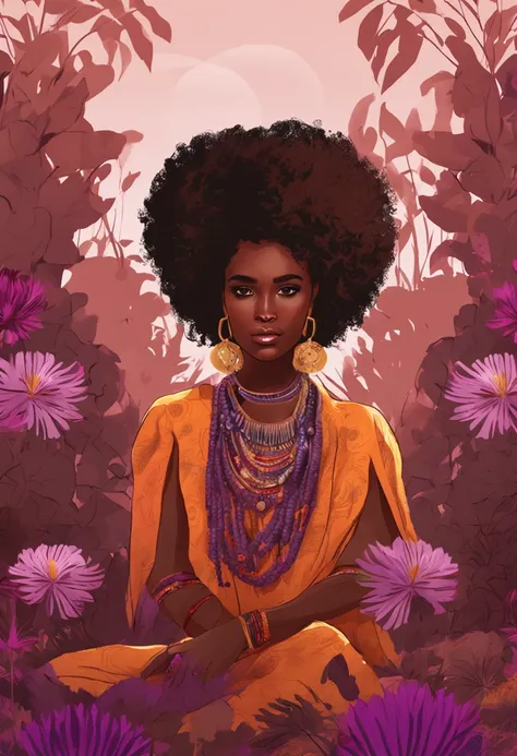 Beautiful bohemian Brown skinned girl with a Afro and a purple lotus in front of her face