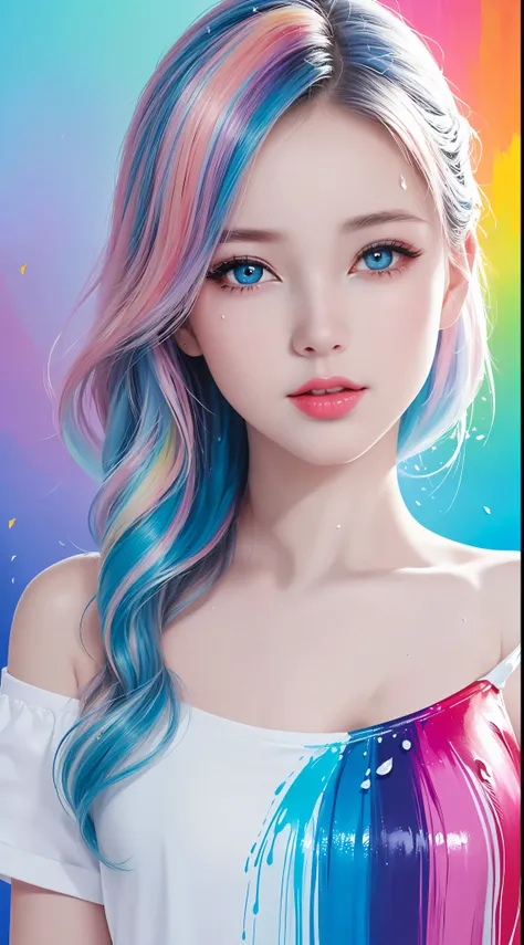 （Pink Fashion T-shirt：1.9），(Colorful hair: 1.8), (all the colours of the rainbow: 1.8),(((((vertical painting：1.6))), （painting：1.6），front, comics, illustrations, paintings, large eyes, crystal clear eyes,（ rainbow color gradient high ponytail：1.7）, exquis...