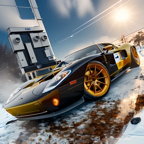 Blue ford GT 2006 sports car, running on an icy slope, with a landscape of snow-covered trees, with reflection in the car window, landscape background with icy mountains and snowflakes in the air, ultra realistic image, detailed image, 12k image, ultra res...