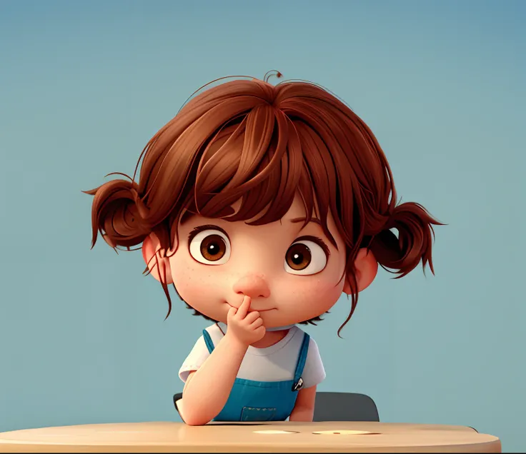 pixar-style，a little lovely kid girl，brown  hair，Pouting，Point to the mouth，white short sleeve，Blue suspenders