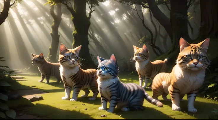 /imagine prompt: A vibrant family of furry striped cats, gracefully roaming through a sun-dappled ancient forest. The scene exudes an enchanting serenity, with a touch of playful curiosity. Rays of golden sunlight filter through the dense foliage, casting ...