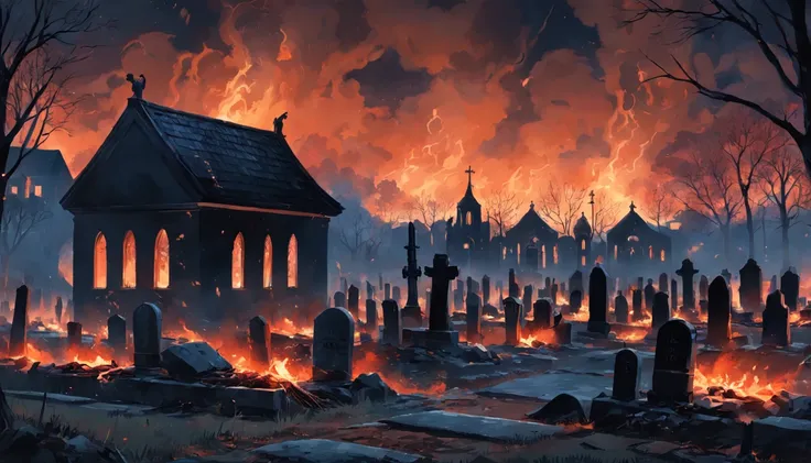 There is a cemetery，There are a lot of tombstones in the background, Burn pictures of Alexei Egorov at night, author：Eglon van der Neer, bussiere rutkowski andreas rocha, eerie nostalgic concept art, background artwork, author：Otakar Kubin, martin raphael ...