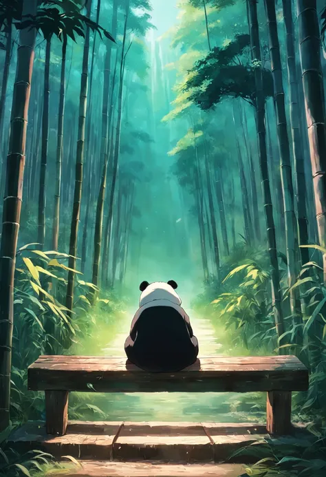 A sad panda sits on a bench, Face away from the camera，Looking Up The Sky，shot from a far distance，tmasterpiece, best qualityer, cinematic Film still from, ，bamboo forrest，movie light effect，Wide-angle environment，Movie Angle，Best quality，rendering by octa...